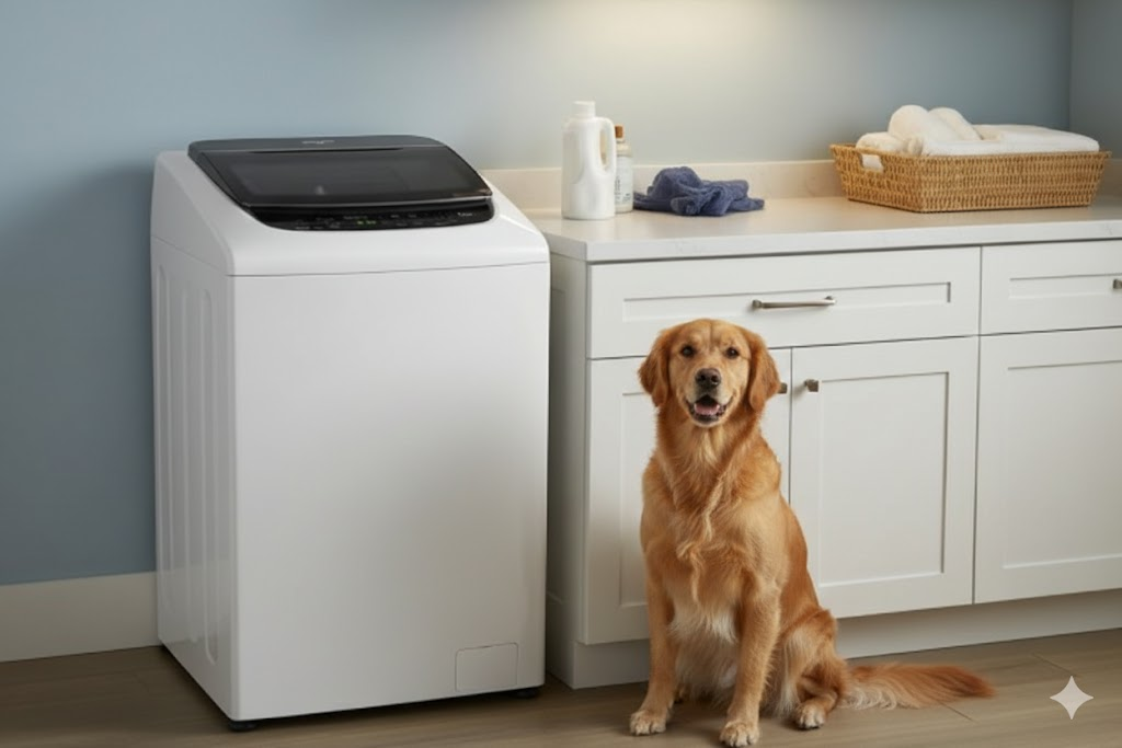 Lavarropas Whirlpool carga superior blanco en un lavadero moderno junto a un perro Golden Retriever sentado.