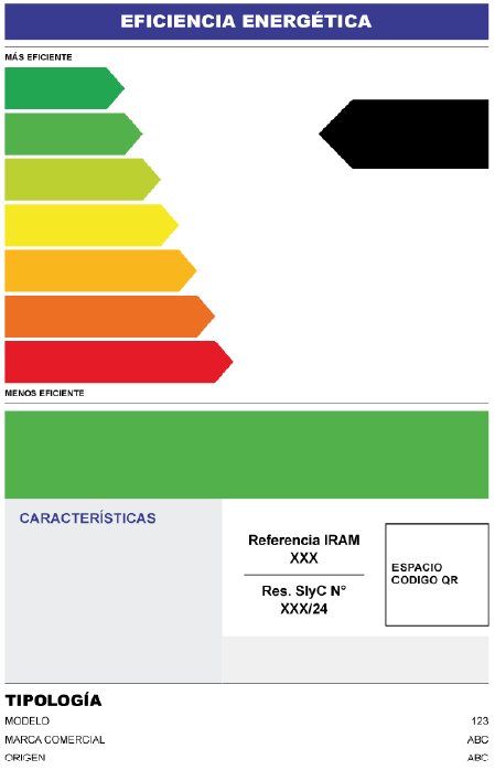 Esquema técnico de la nueva etiqueta de eficiencia energética en Argentina 2026, mostrando la escala de colores de A a G, espacio para código QR y referencias a normas IRAM.