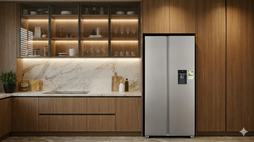 Imagen de una cocina moderna y lujosa con encimeras de mármol y una heladera Whirlpool Side-by-Side de acero inoxidable. La cocina está equipada con gabinetes de madera oscura, un grifo cromado y una cafetera de goteo.